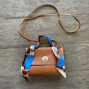 Mini Quilted Embossed Scarf Decor Satchel Bag Brown